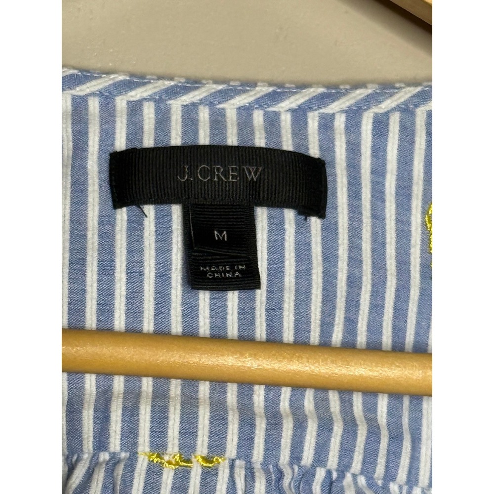 J.Crew Blue White Striped Pineapple Embroidered Wrap Tie Blouse Top Mens Medium - Picture 5 of 10
